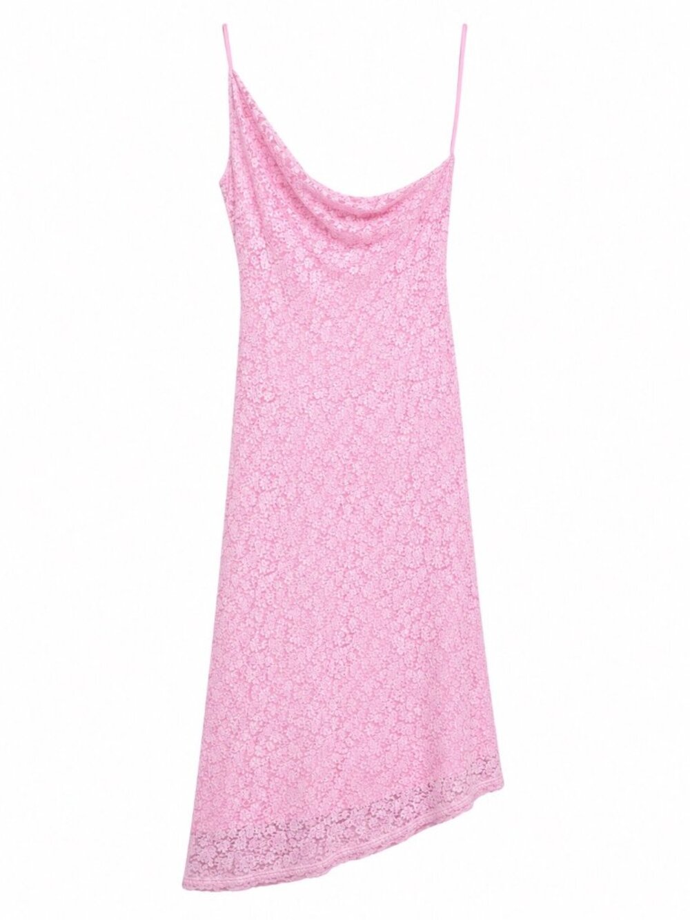 Pink Lace Sleeveless Midi Dress With Cowl Neckline Back Zipper Adjustable Straps